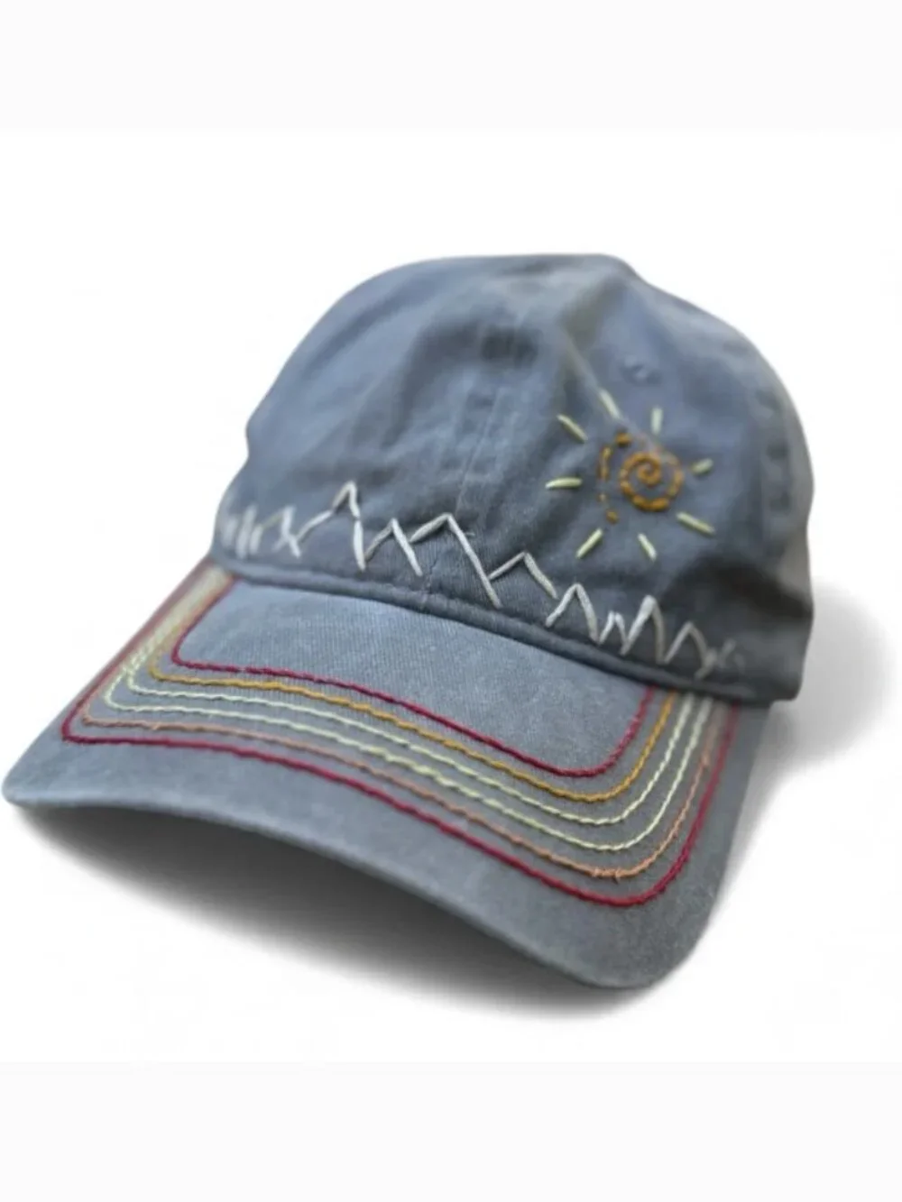 Boho Embroidered Strapback Cap Artsy artisan Nature Moiuntain Sun design